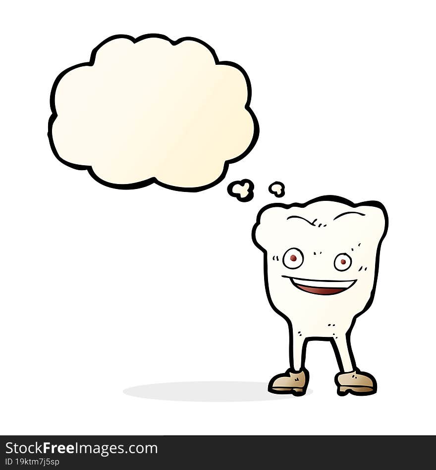 cartoon happy tooth character with thought bubble