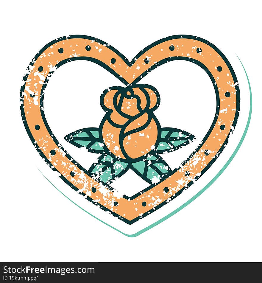 distressed sticker tattoo style icon of a heart and flowers