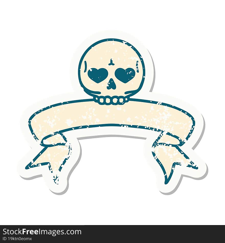 grunge sticker with banner of a skull