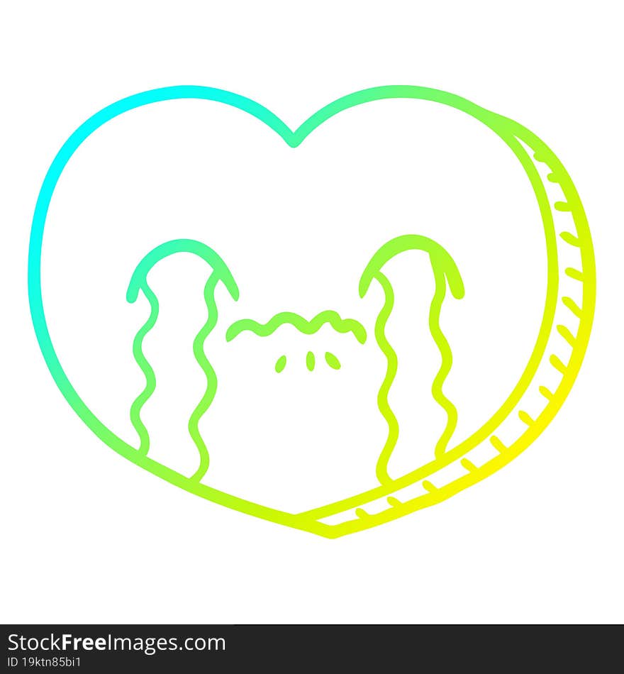 cold gradient line drawing of a cartoon crying love heart