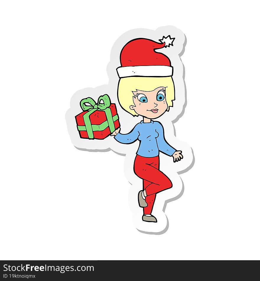 sticker of a cartoon woman with present