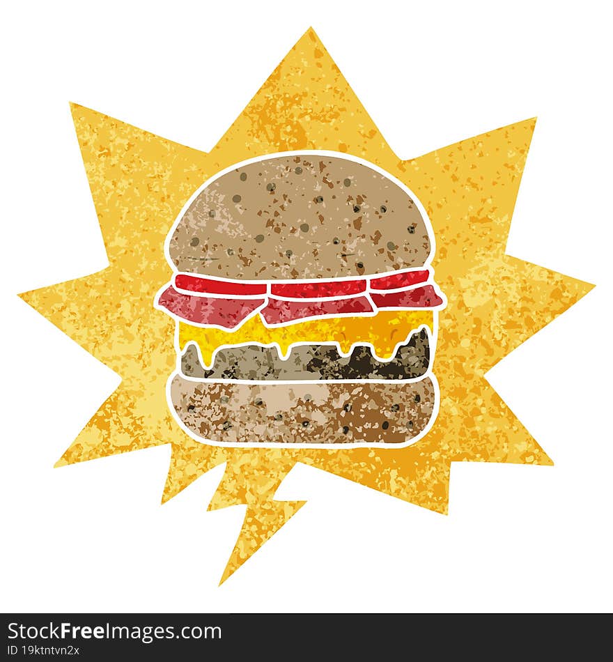 cartoon burger and speech bubble in retro textured style