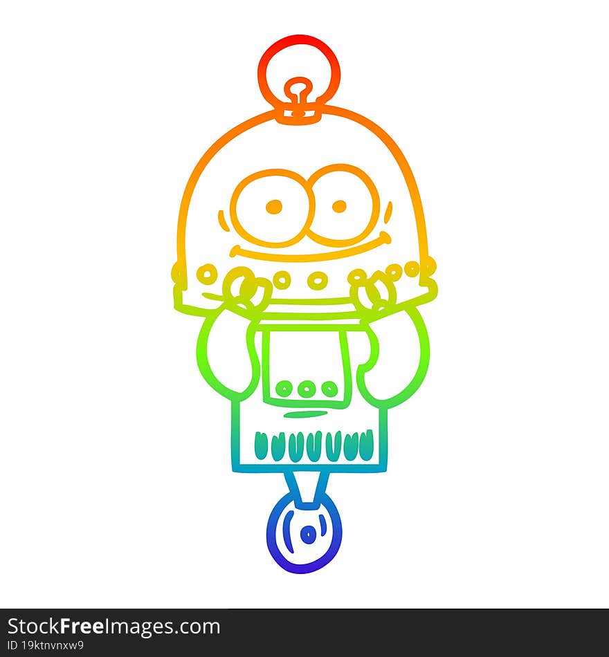 rainbow gradient line drawing of a happy carton robot with light bulb