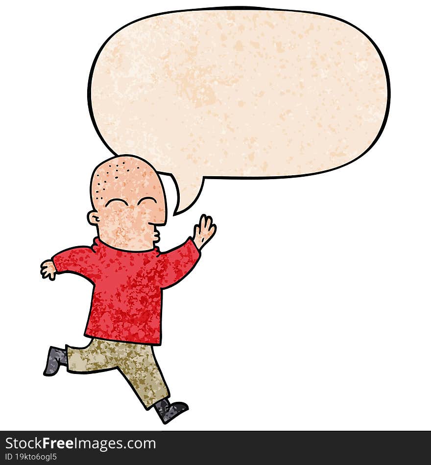 cartoon man running and speech bubble in retro texture style