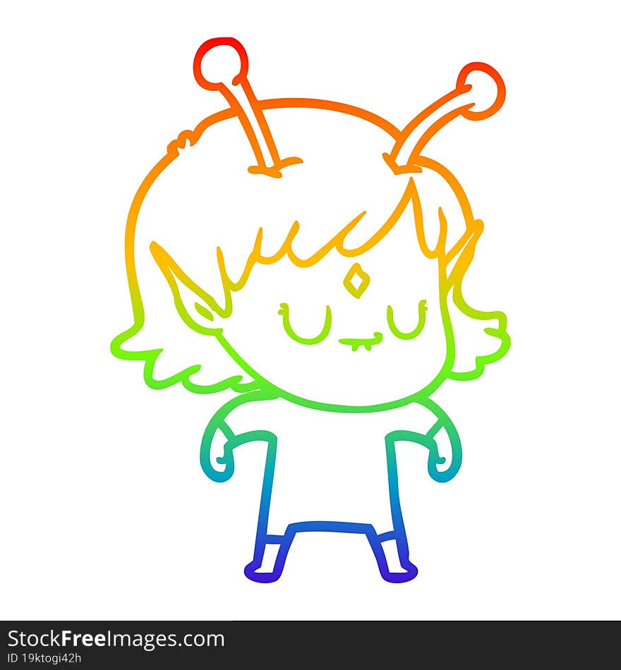 rainbow gradient line drawing of a cartoon alien girl