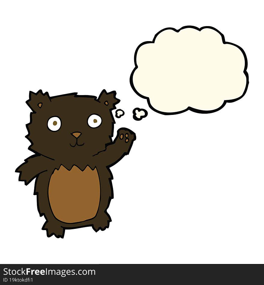 cartoon waving black bear cub with thought bubble