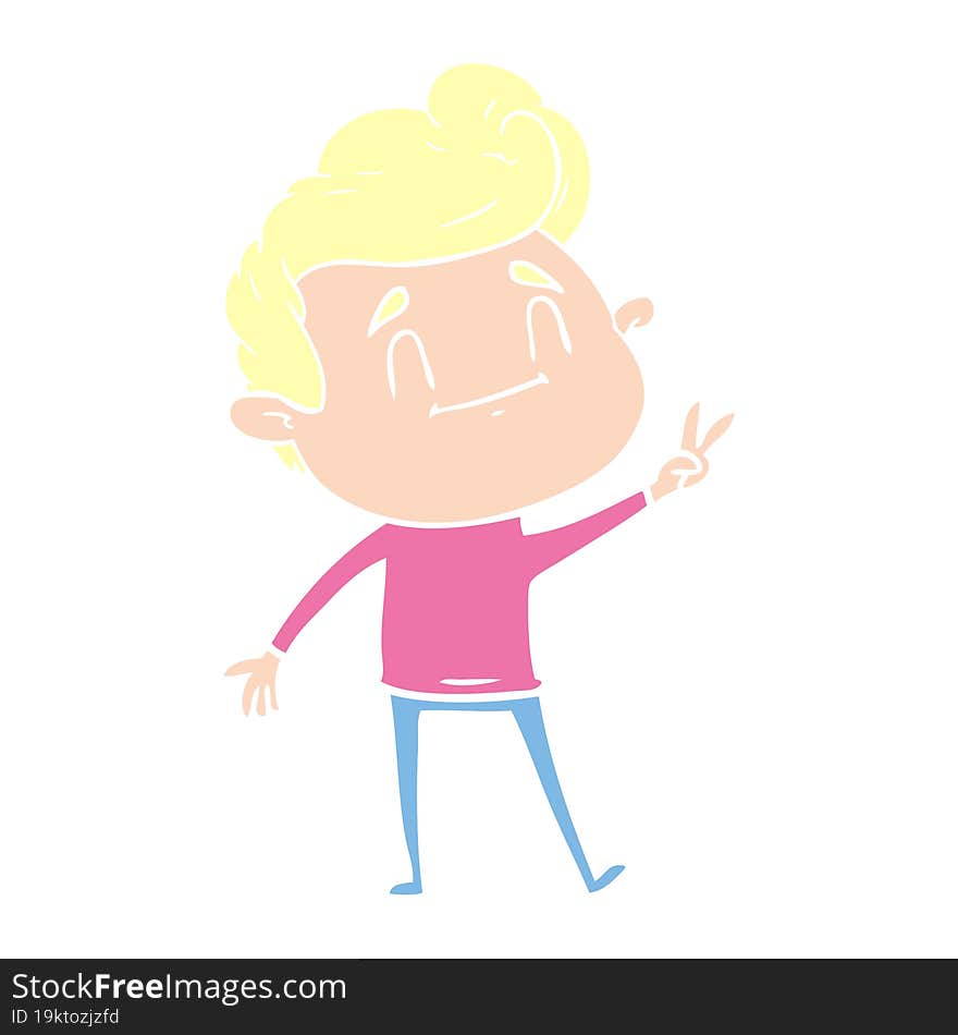 happy flat color style cartoon man giving a peace sign