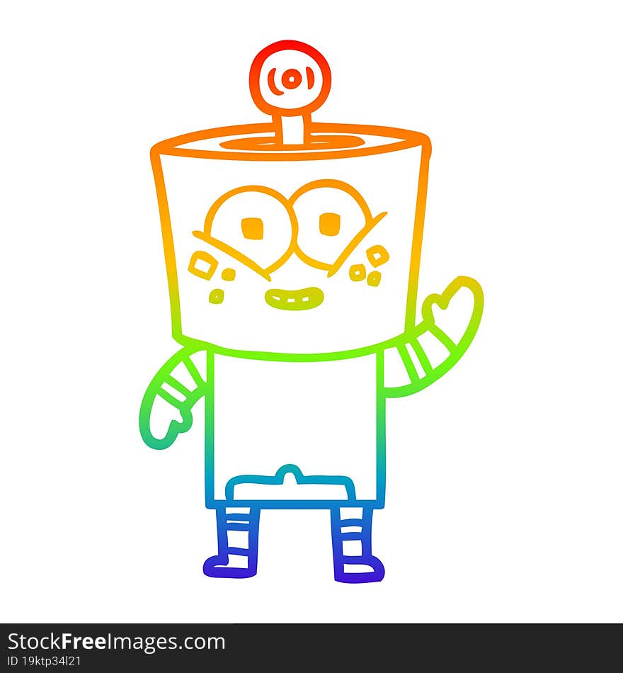 rainbow gradient line drawing of a happy cartoon robot waving hello