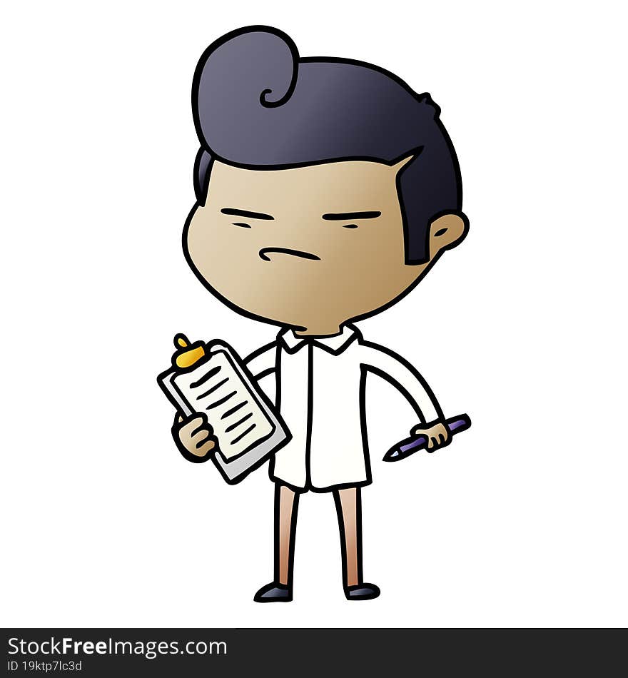 cartoon cool guy with fashion hair cut and clip board. cartoon cool guy with fashion hair cut and clip board