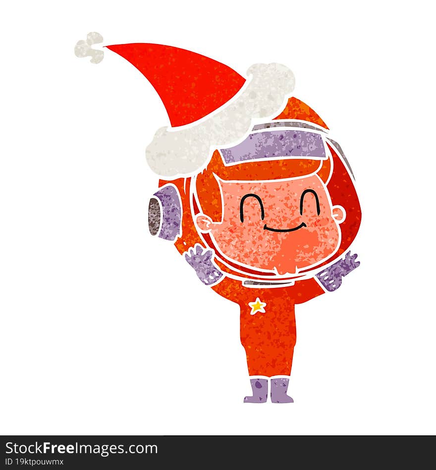 happy hand drawn retro cartoon of a astronaut man wearing santa hat. happy hand drawn retro cartoon of a astronaut man wearing santa hat