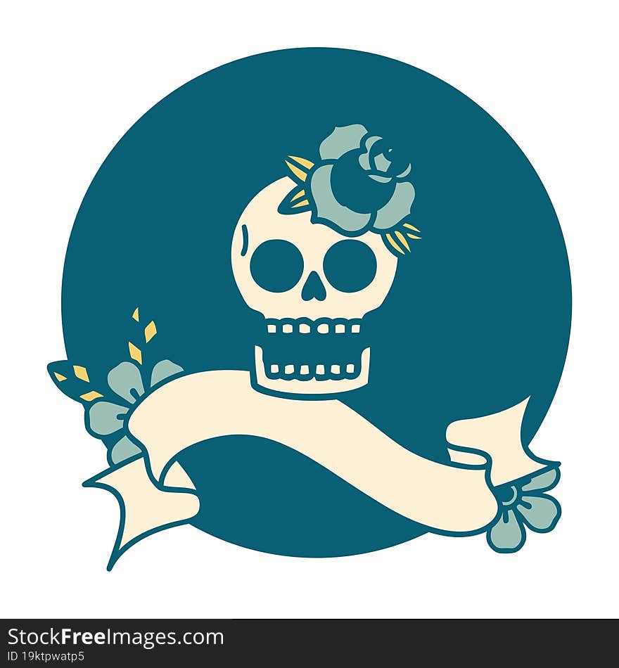 tattoo style icon with banner of a skull and rose