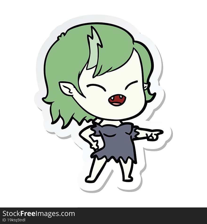 sticker of a cartoon vampire girl pointing and laughing