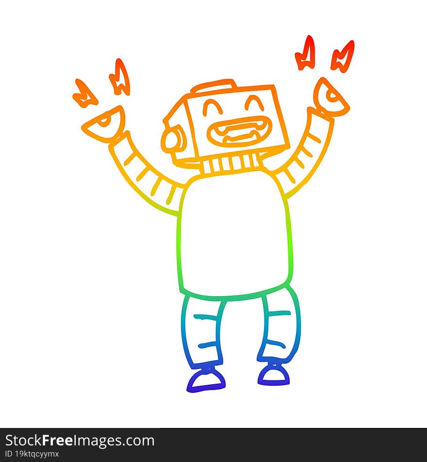 rainbow gradient line drawing of a cartoon happy robot