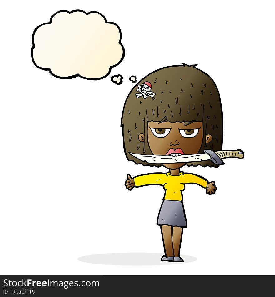 cartoon woman with knife between teeth with thought bubble