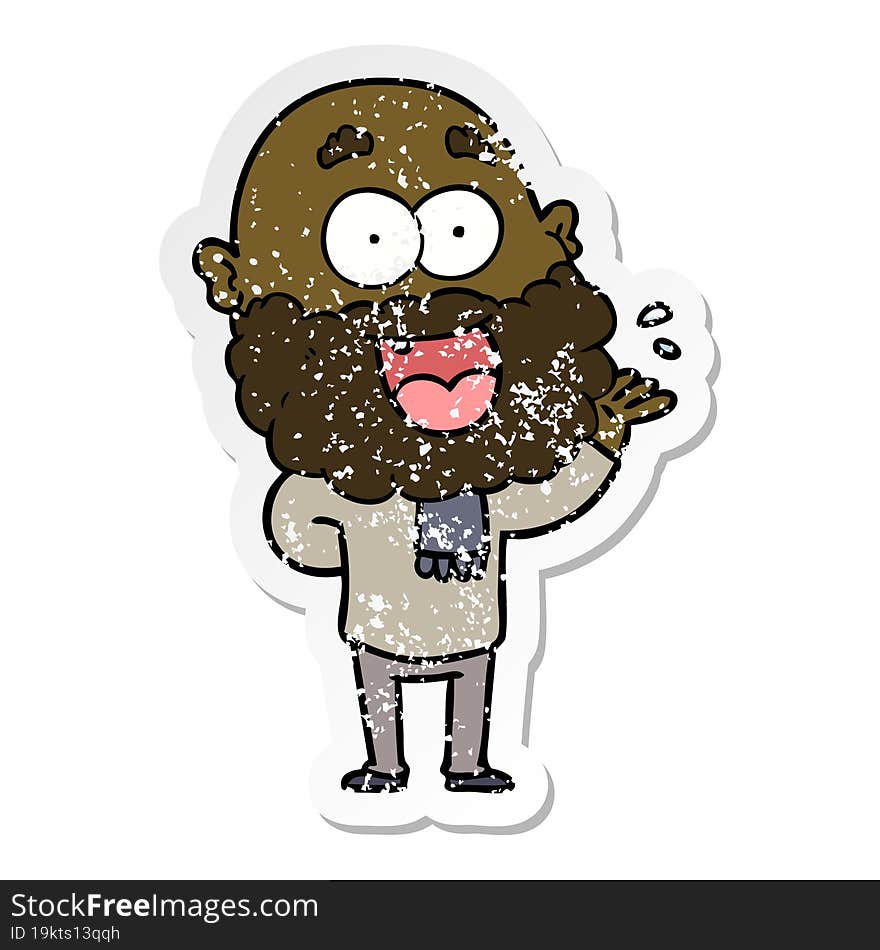 distressed sticker of a cartoon crazy happy man with beard amazed