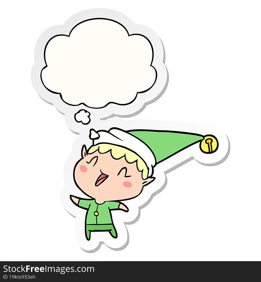 Cartoon Happy Christmas Elf And Thought Bubble As A Printed Sticker