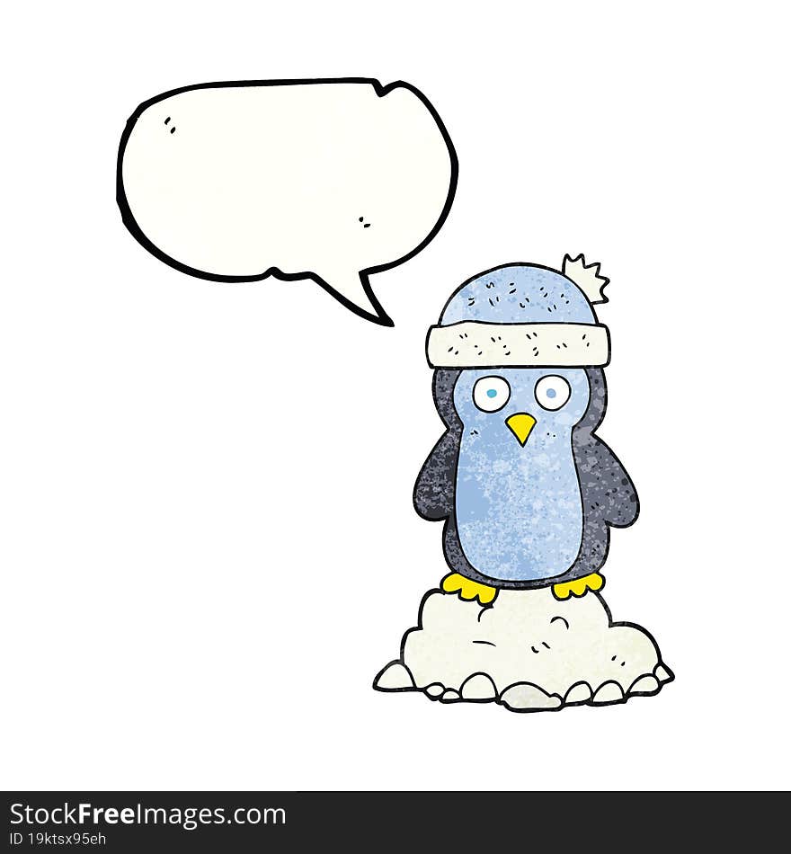 speech bubble textured cartoon penguin wearing hat