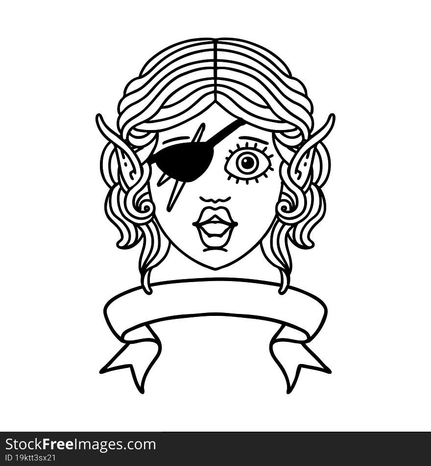 Black and White Tattoo linework Style elf rogue character face with banner. Black and White Tattoo linework Style elf rogue character face with banner