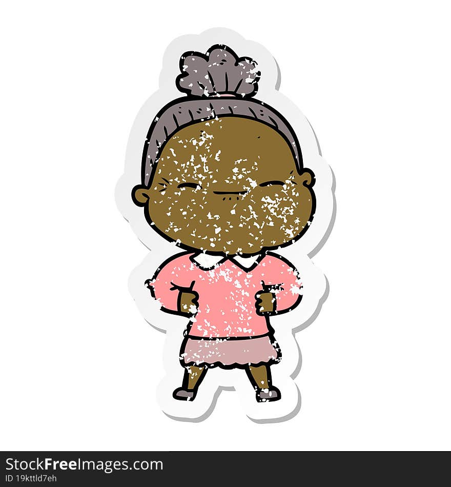 distressed sticker of a cartoon peaceful old woman