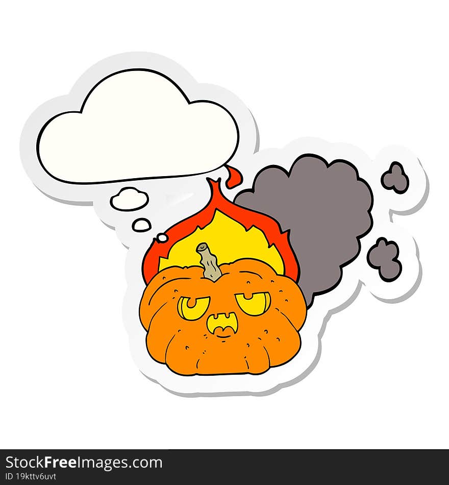 Cartoon Flaming Halloween Pumpkin And Thought Bubble As A Printed Sticker