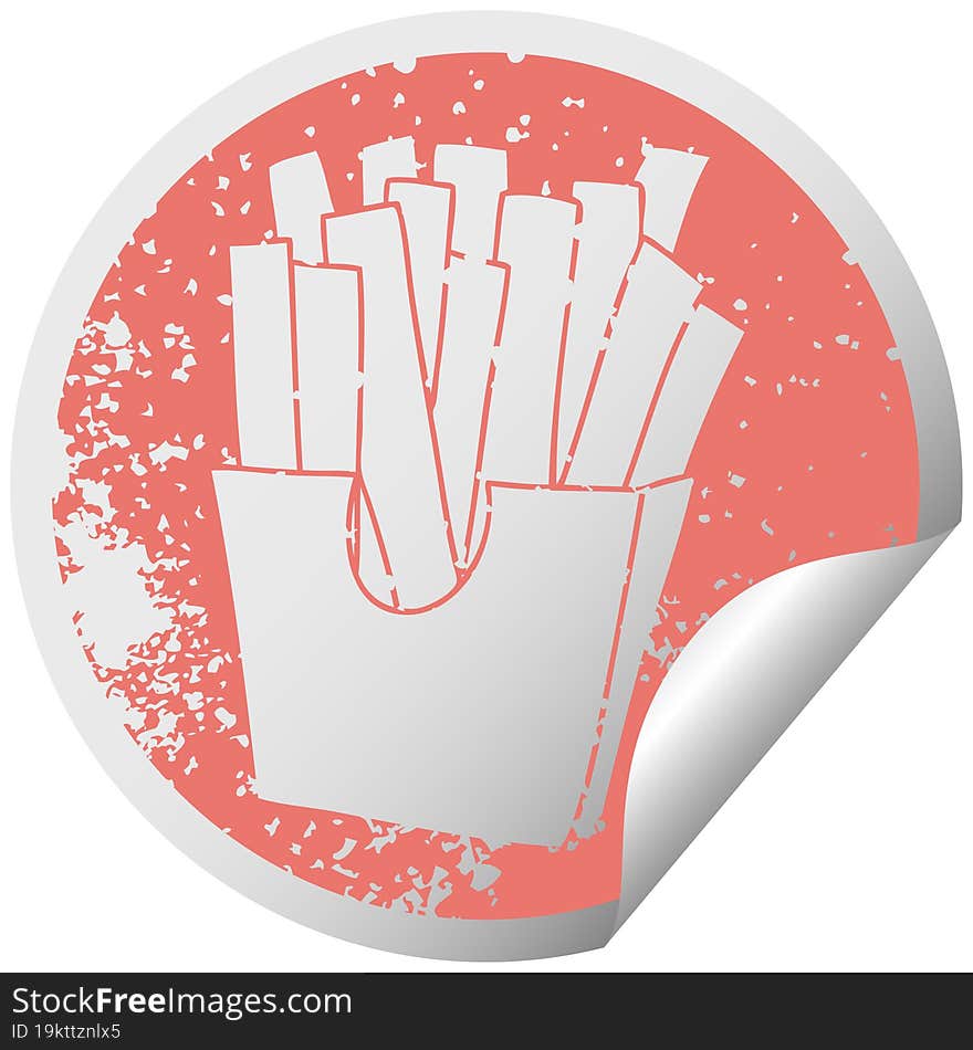 Quirky Distressed Circular Peeling Sticker Symbol French Fries