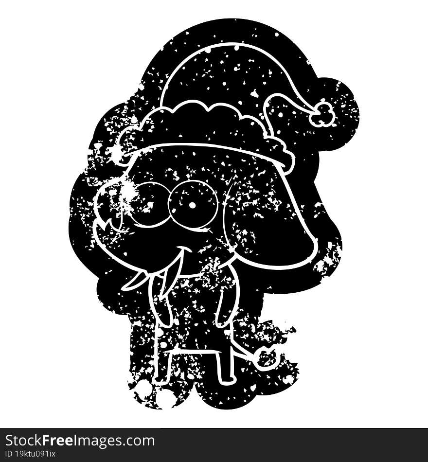 happy cartoon distressed icon of a elephant wearing santa hat