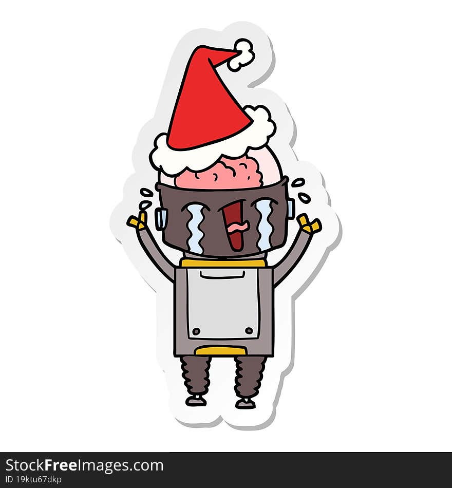 sticker cartoon of a crying robot wearing santa hat