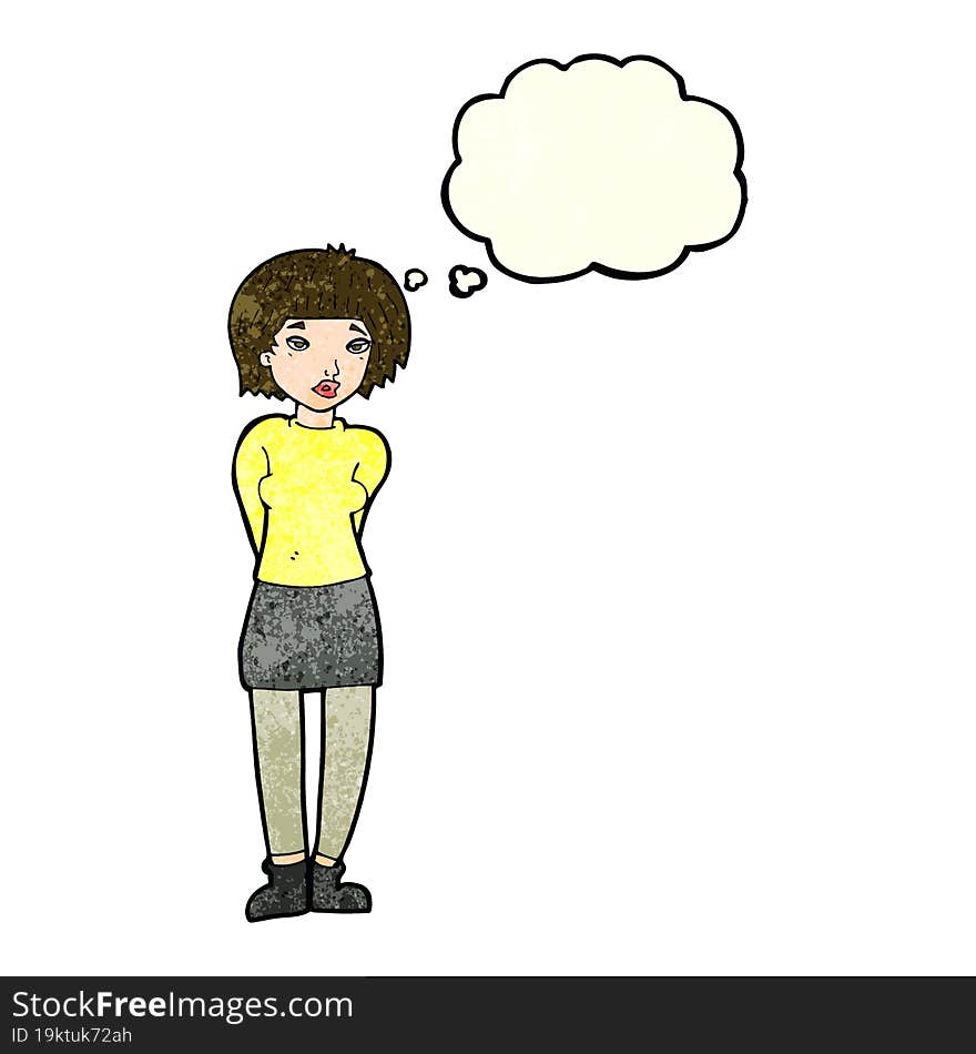 cartoon shy woman with thought bubble