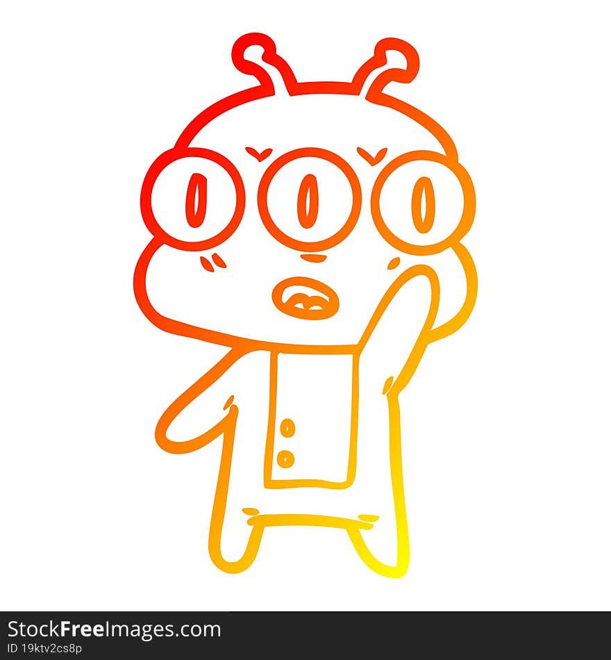 warm gradient line drawing cartoon three eyed alien waving