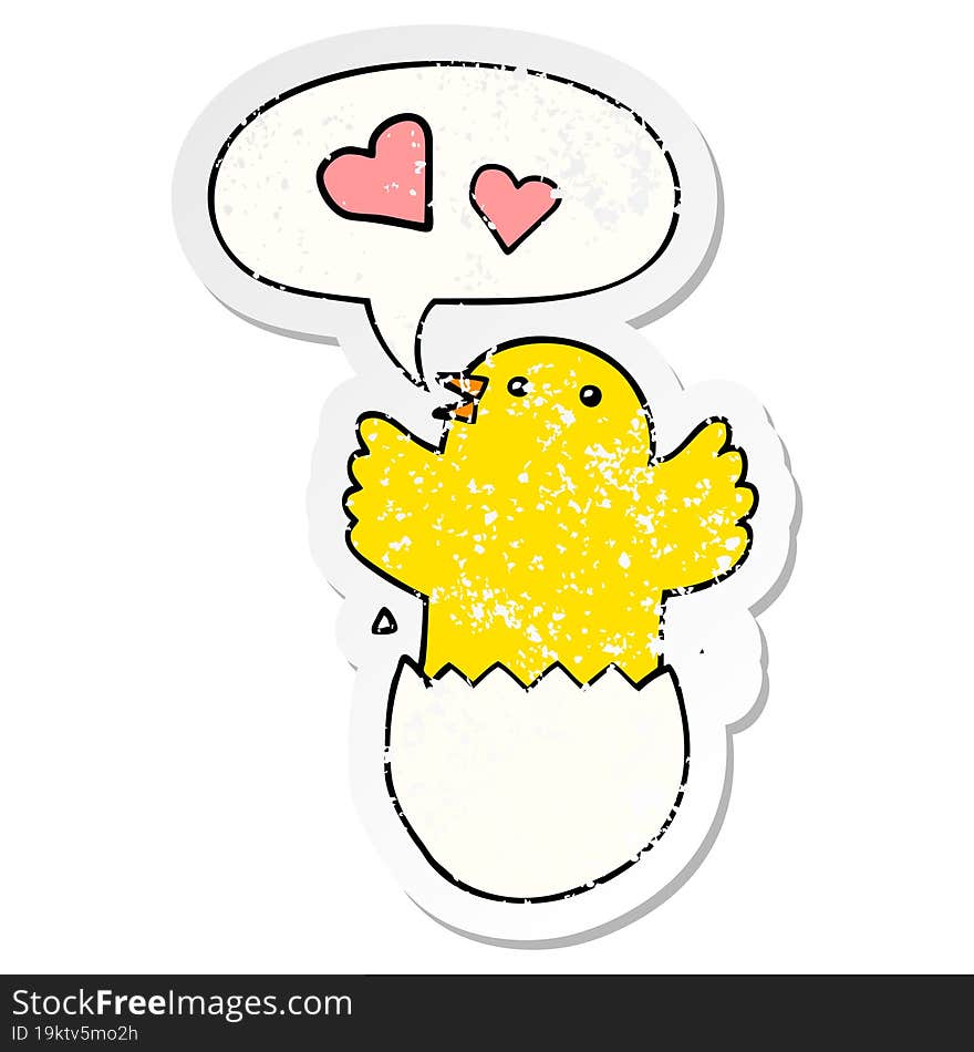 cute hatching chick cartoon with speech bubble distressed distressed old sticker. cute hatching chick cartoon with speech bubble distressed distressed old sticker