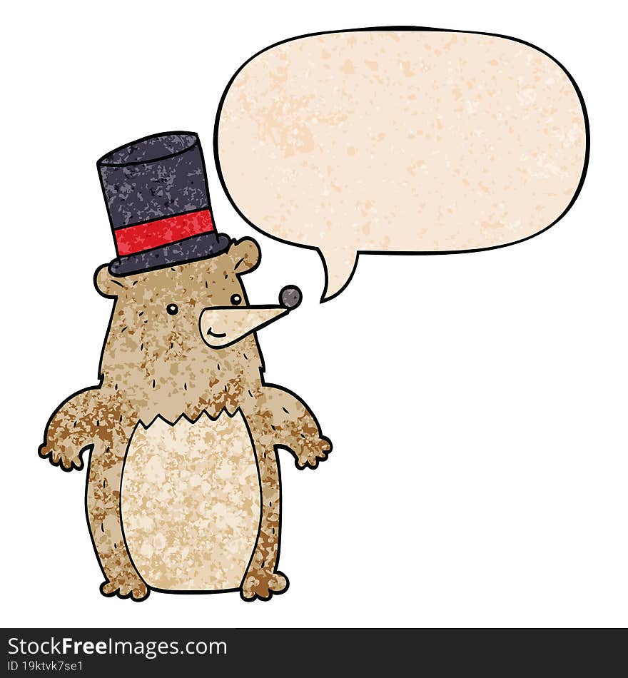 cartoon bear in top hat with speech bubble in retro texture style