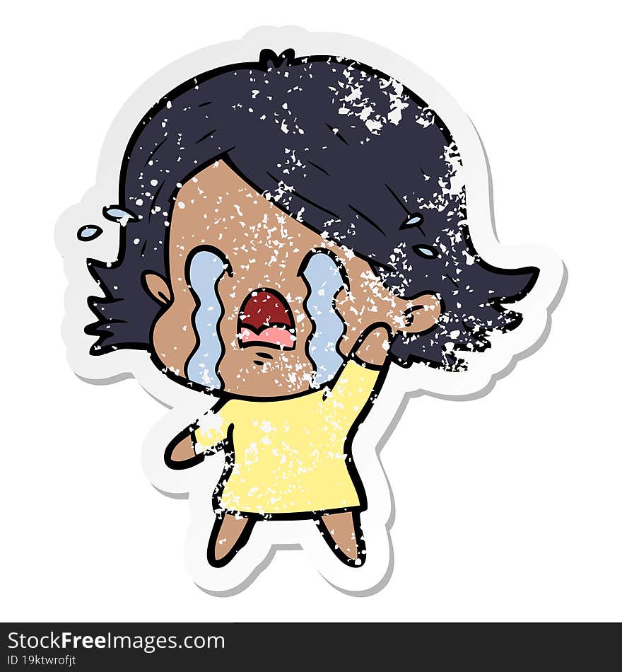 distressed sticker of a cartoon woman crying