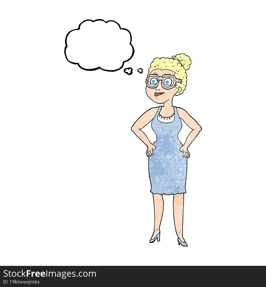 freehand drawn thought bubble textured cartoon woman wearing glasses