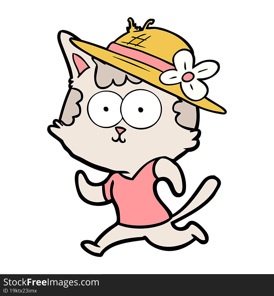 happy cartoon cat jogging in hat. happy cartoon cat jogging in hat