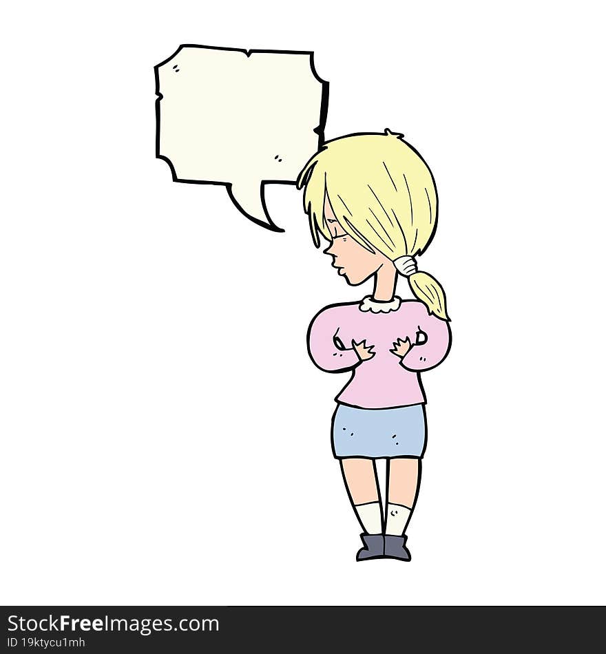 cartoon shy woman with speech bubble