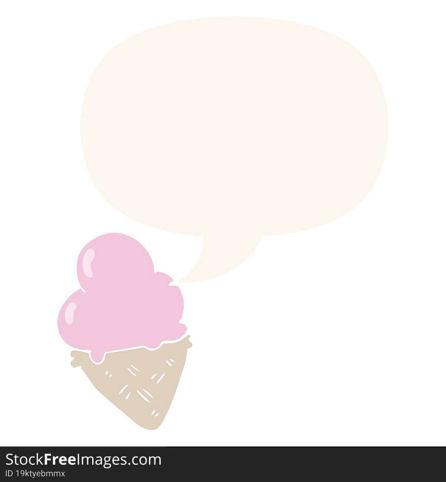 cartoon ice cream with speech bubble in retro style