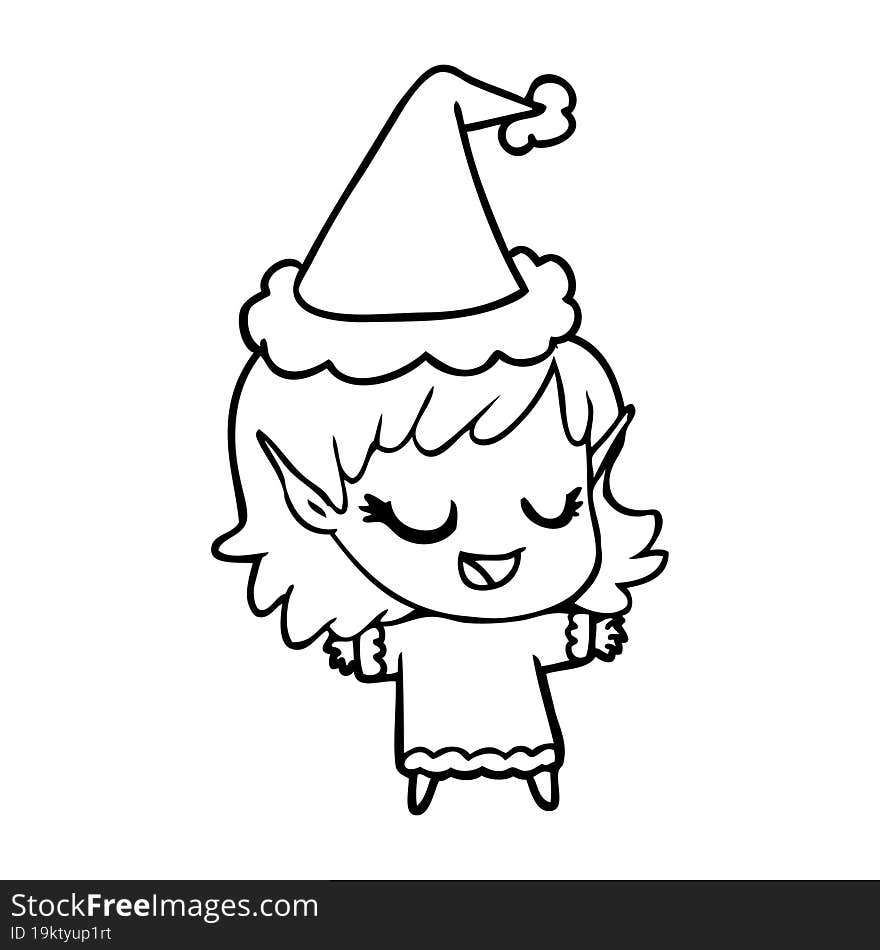 happy line drawing of a elf girl wearing santa hat