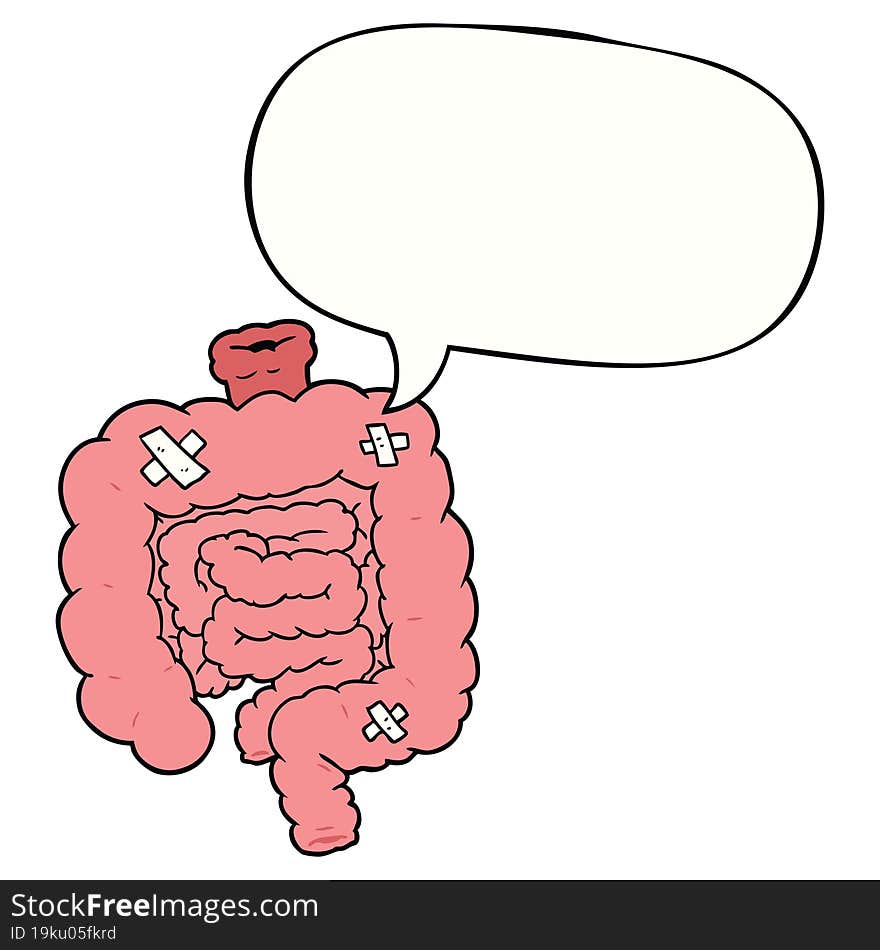 cartoon repaired intestines and speech bubble