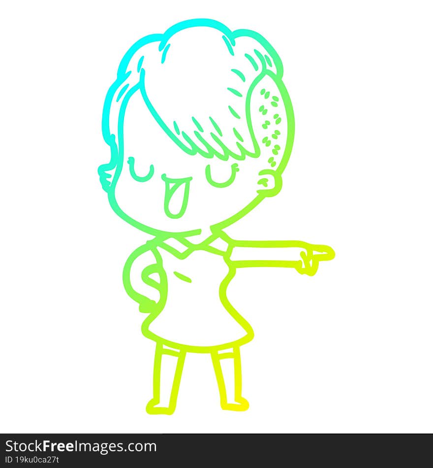 cold gradient line drawing of a cute cartoon girl with hipster haircut