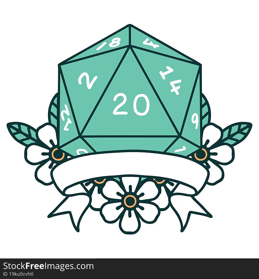 Retro Tattoo Style natural 20 critical hit D20 dice roll. Retro Tattoo Style natural 20 critical hit D20 dice roll