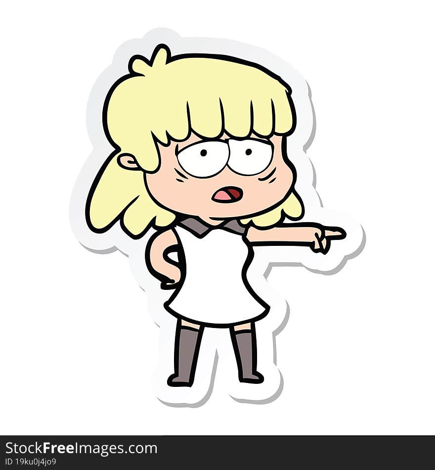 sticker of a cartoon tired woman pointing