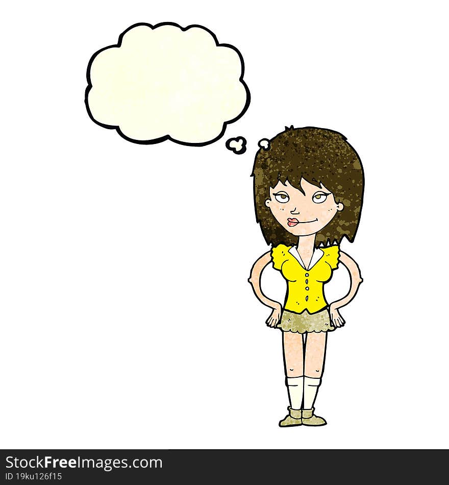 cartoon woman with hands on hips with thought bubble