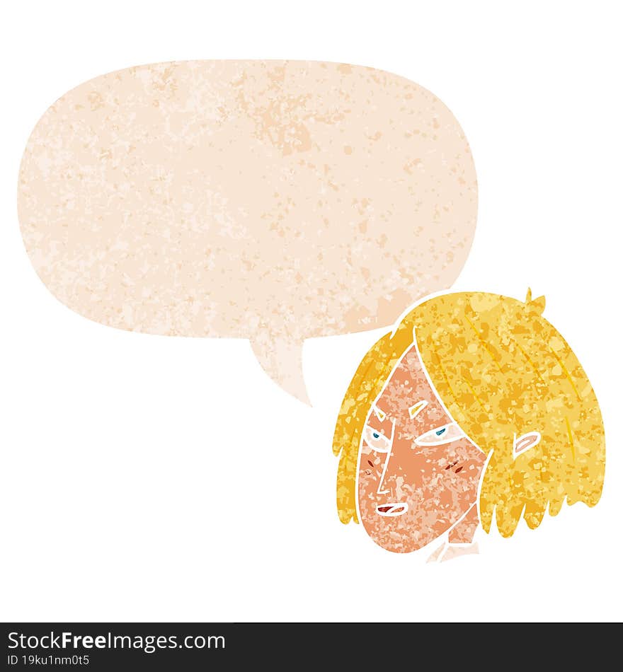 cartoon woman and speech bubble in retro textured style