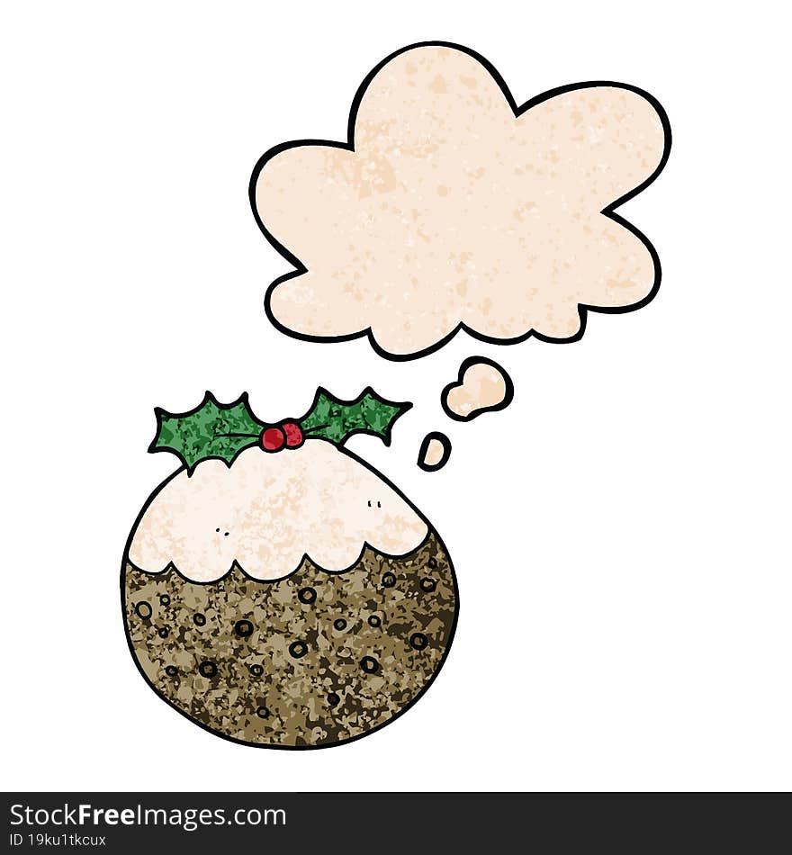 cartoon christmas pudding and thought bubble in grunge texture pattern style