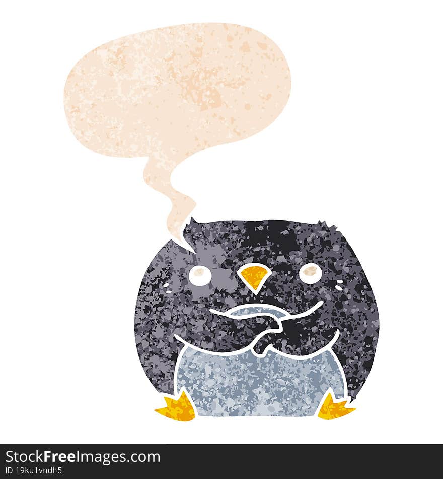 cartoon penguin and speech bubble in retro textured style