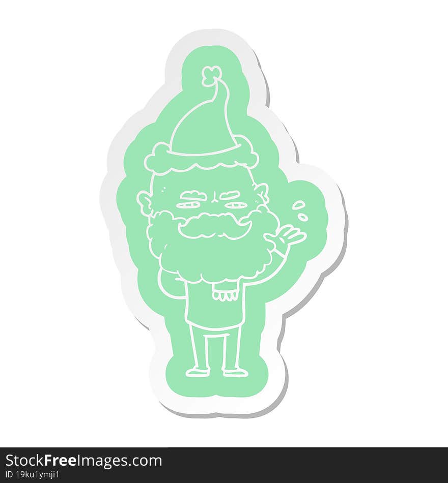 cartoon  sticker of a dismissive man with beard frowning wearing santa hat