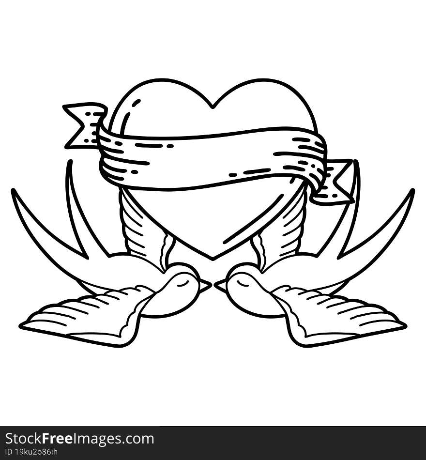 tattoo in black line style of swallows and a heart with banner. tattoo in black line style of swallows and a heart with banner