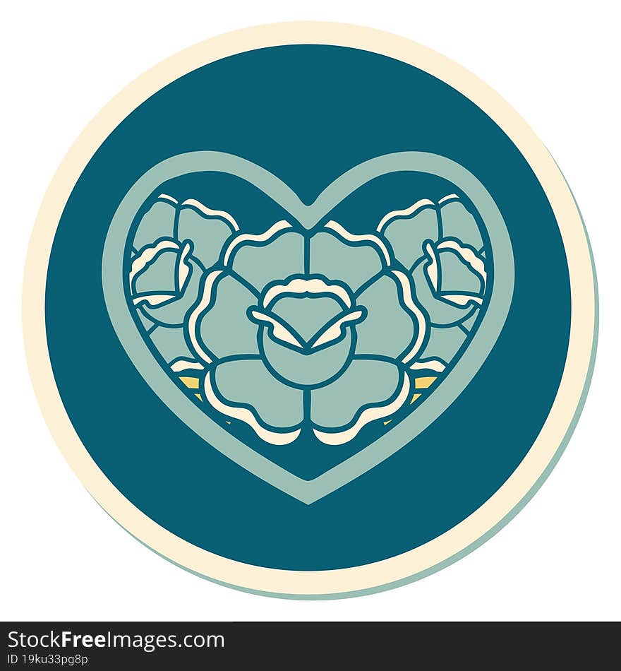 sticker of tattoo in traditional style of a heart and flowers. sticker of tattoo in traditional style of a heart and flowers