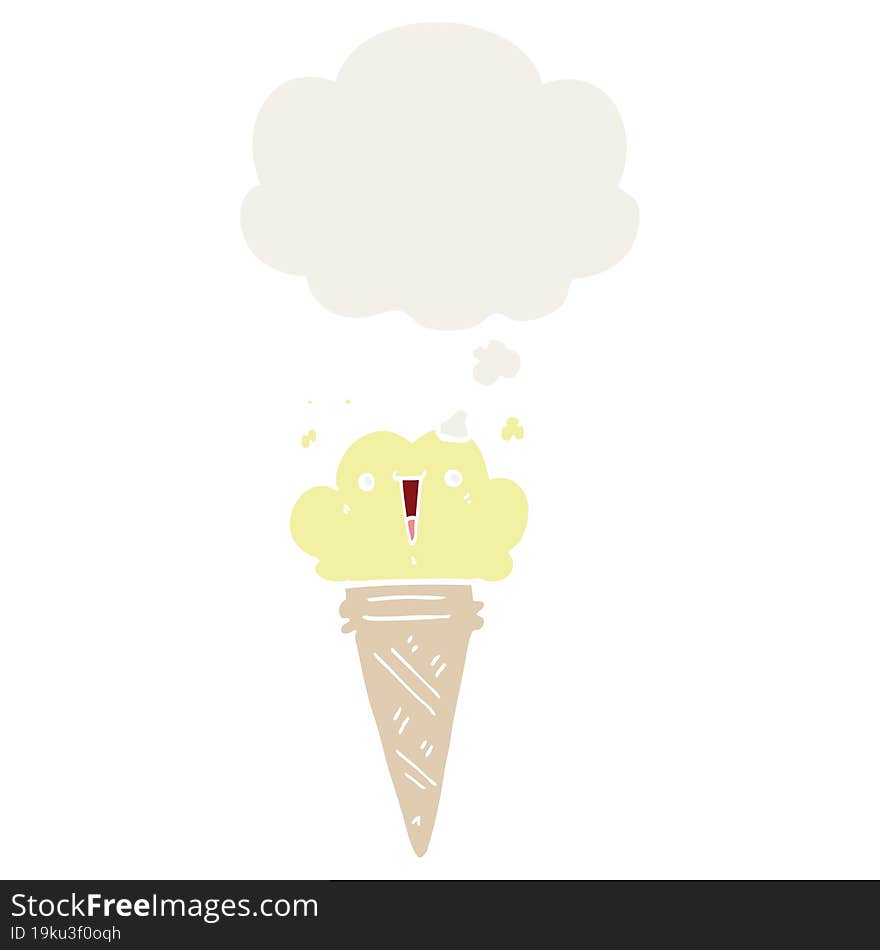 cartoon ice cream with face with thought bubble in retro style