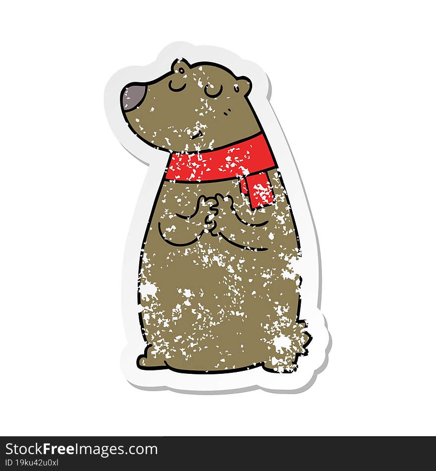 distressed sticker of a cartoon bear wearing scarf